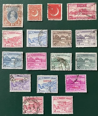 Estampillas de Pakistán X17 1947-1962 (1 sobreimpresión + servicio x5) buen estado con bisagras Foto 1 de 2