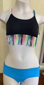 Nwt Justice Bright Color Fringe Bikini To& Reversible Black Blue Bottom Sz 7 Set - Picture 1 of 5