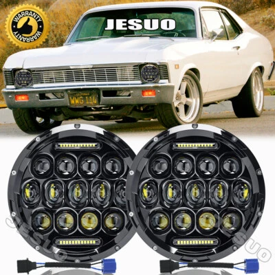 Pair 7inch Round Led Headlight HI/Lo Beam Fit Chevrolet Chevy II/Nova 1969-1978 - Image 1 of 4