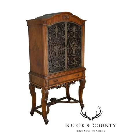 Renaissance Revival 1920's Carved Walnut Bar China Cabinet with Iron Doors Cover