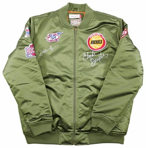 Rockets Hakeem Olajuwon & Clyde Drexler Signed Green M&N Bomber Jacket BAS Wit - Picture 1 of 11