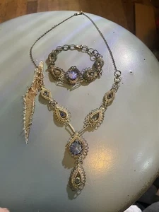 Antique Silver Necklace And Bracelet Blue Stones Silver Wire - Picture 1 of 4