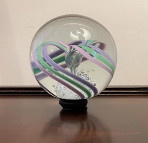 Wheaton Village Glass Paperweight Aqua-Pink-Lilac Swirls & Bubbles W/ Stand - Picture 1 of 12
