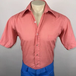 Vtg 60s 70s Sears Shirt Dress Pink Disco Big Collar Tapered Mod Medium Mens 15.5 - Picture 1 of 14