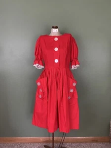 VTG Red Full Circle Square Dance Dress Large Pockets 60s 50s Handmade Pockets - Picture 1 of 7
