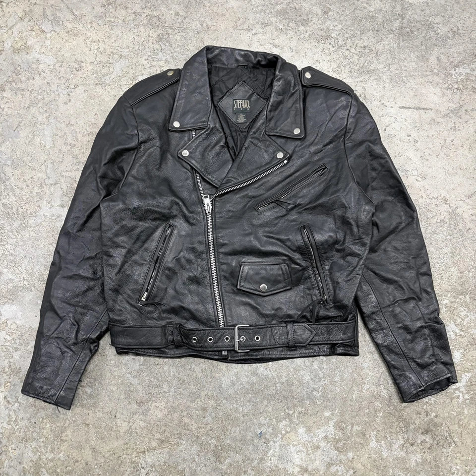 Chaqueta de cuero Stefano vintage para hombre grande negra motocicleta motociclista cinturón moto años 80 Foto 1 de 4