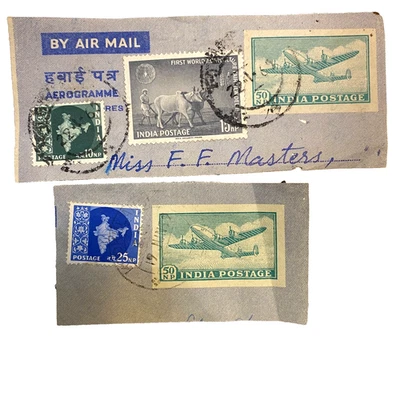 Cubierta de aerograma de correo aéreo de la India con estampillas de 10np, 15np y 50np + carta manuscrita Foto 1 de 4