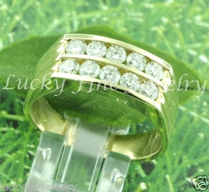 1.02 ct 14k Solid Yellow Gold Men's Channel Set Natural Diamond Ring 2 Row USA - Picture 1 of 5