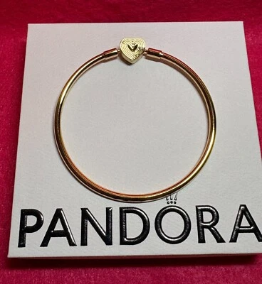 Genuine Pandora Radiating Heart Clasp Bangle 14kt Gold Plated Size 7.5 Inches - Image 1 of 3