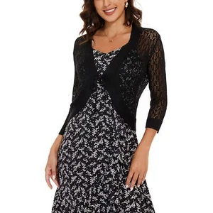 Women's 3/4 Sleeve Tie Open Front Bolero Shrug Lightweight Knit Hollow Out Cr... - Picture 1 of 6