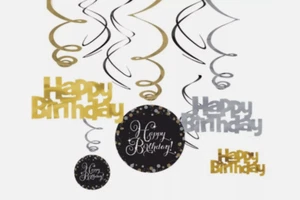 Happy Birthday Party Decorations Black Gold Silver Sparkle Hanging Swirls x 12 - Picture 1 of 4