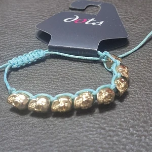 Punkte hellgoldfarben Totenkopf Perlen Armband mit blauer Kordel ca. 4" - 10" verstellbar - Bild 1 von 4