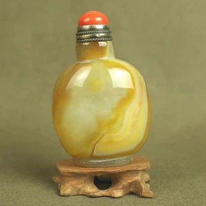 With Red Coral Top Lid Old Copper Scoop Chinese Yellow Stripe Agate Snuff Bottle - Picture 1 of 7