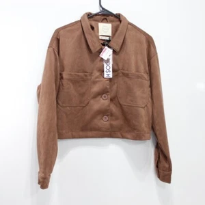 Stoosh Womens Faux Suede Cropped Jacket Brown Long Sleeve Button Up Size L - Picture 1 of 5