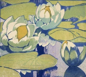 Water Lilies Woodcut Art Print by Mabel Royds – Botanical Color Block 1936 - Picture 1 of 2