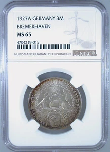 1927A Alemania 3 marcas Bremerhaven MS-65 certificado NGC - Imagen 1 de 4