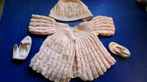 SWEET VINTAGE *PINK* KNIT/CROCHET BABY ENSEMBLE Sweater- CAP- Mrs. Day's SHOES! - Picture 1 of 14