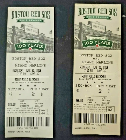 BOSTON RED SOX VS MIAMI MARLIN FENWAY PARK 100 VINTAGE FULL PAIR TICKETS 6 20 12 Cover