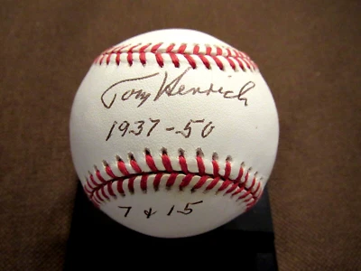 TOMMY HENRICH 1937-50 7+15 NY YANKEES SIGNED AUTO VINTAGE OAL GAME BASEBALL JSA - Image 1 of 2