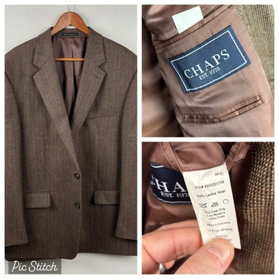 Chaps Ralph Lauren Sport Coat Mens 44R Brown Blue Lambs Wool Herringbone Blazer  - Image 1 of 4