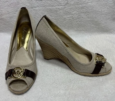 Michael Kors Platform Wedge Leather Trim Espadrilles Size 6M Heel Open Toe Shoes - Image 1 of 4