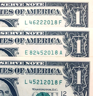 2018 Trailing Birth Year Note One Dollar Bill Fancy Serial Number Lot of 3 UNC - Image 1 of 3