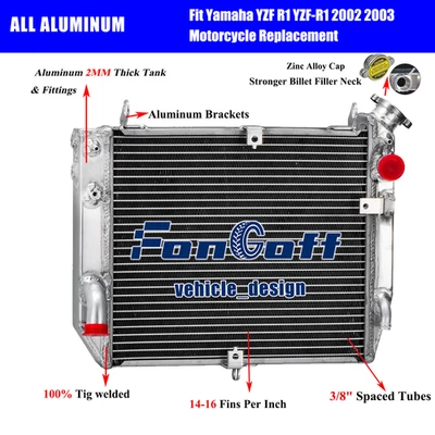 For Yamaha YZF R1 YZF-R1 2002 2003 Motorcycle Replacement Aluminum Radiator NEW. - Image 1 of 4
