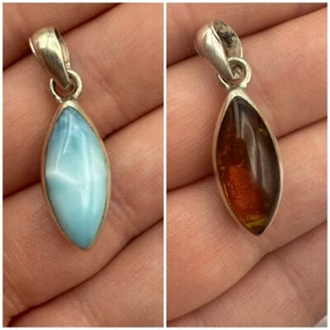 Larimar Amber Marquise Pendant .925 Sterling Silver Charm Necklace Jewelry - Picture 1 of 4