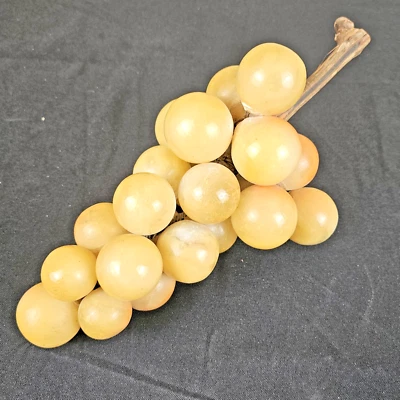 Vintage Alabaster Marble Stone Green Yellow Grape Cluster With Wood Stem - Image 1 of 4