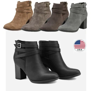 Womens Ankle Booties Chunky Heel Almond Toe Back Zipper Winter Boots US 5-12 - Picture 1 of 26