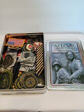 62 pcs various army patches pins in vintage VFW Cookie Tin Most patches new