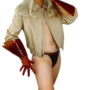 CLEAR Plastic Brown GLOVES PVC Open PUFF Sleeves Faux Leather Elbow Transparent - Picture 1 of 12