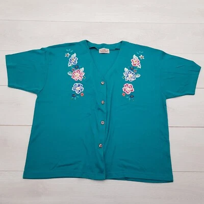 ABEL Casual Top Size 20-22 Teal Floral Buttoned Beaded Stretch Short Sleeve - Image 1 of 4