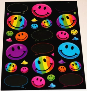 ¡HOJA ADHESIVA VINTAGE RARA LISA FRANK ESCRITORES DE SUEÑOS NEGROS CARAS Y CORAZONES SONRIENTES! - Imagen 1 de 4