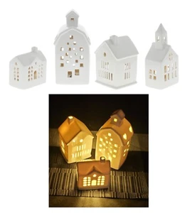 4 Stück Keramik Teelicht Häuschen Teelichthaus mit LED Licht und Timer Winter De - Bild 1 von 10