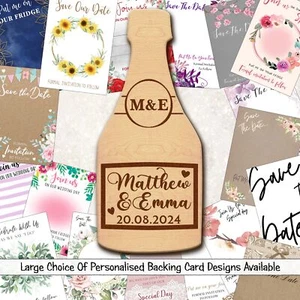 Botella de champán personalizada madera boda guardar la fecha imanes y tarjetas de respaldo - Imagen 1 de 7