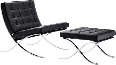 Barcelona Style Chair & Ottoman Stool Set - Black Italian Leather - Brand New - Image 1 of 4