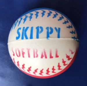 Vtg 1940 s Skippy Peanut Butter Rubber Toy Softball Red White Blue 3" D - Picture 1 of 6