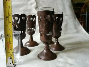 Vintage shot glasses etched brass stemmed holders (5) - Picture 1 of 4