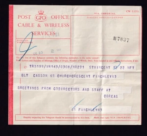 GB GPO Cable & Wireless Service form St Vincent to Finchley London - folded - Picture 1 of 2