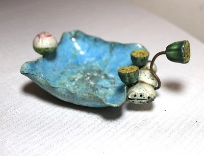 Antique Chinese Copper Lotus Leaf Blue Enamel Brush Bowl Holder Figural Ashtray - Image 1 of 4