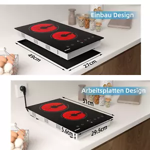 30cm Glaskeramik Kochfeld 2 Platten Rahmenlos Timer TouchControl Einbau 3000W DE - Bild 1 von 11