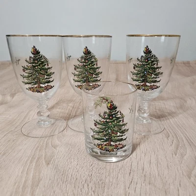 Spode Glass Christmas Tree 3 Pedestal Water Goblets & 1 Old Fashioned Glass Cup - Image 1 of 4