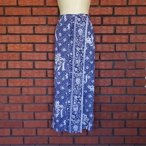 Floral Wrap Skirt S Maxi Blue White Rayon Linen Beach Cover Up Lightweight - Picture 1 of 12