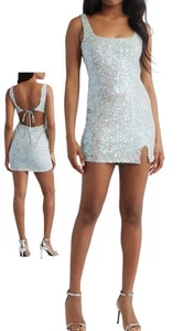 Jump Apparel Juniors Sequined Cutout Tie-Back Mini Dress Light Blue Open Back  M - Picture 1 of 12