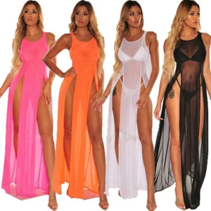 Plus Size Womens See Through Sleeveless High Slit Dress Maxi Long Beach Cover Up - Picture 1 of 14