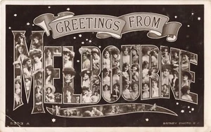 Postcard Greetings from Melbourne with many faces of women in the wording RPPC - Picture 1 of 2