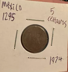 Mexico 5 Centavos 1974 Small Type Brass - Picture 1 of 3