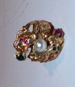 DOUBLE DRAGON HEADS ,EMERALD,RUBY & PEARL LG LADIES GOLD RING 15.80 G SIZE:8.25 - Picture 1 of 12