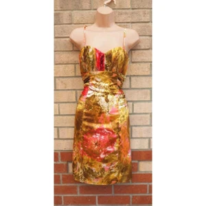 JS Collections Yellow Pink Satin Floral Party Bodycon Cocktail Tea Dress 8 S - Picture 1 of 7